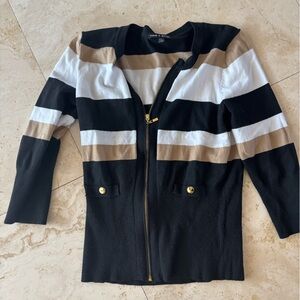 Cable & Gauge Black, White & Tan Striped Zip Sweater